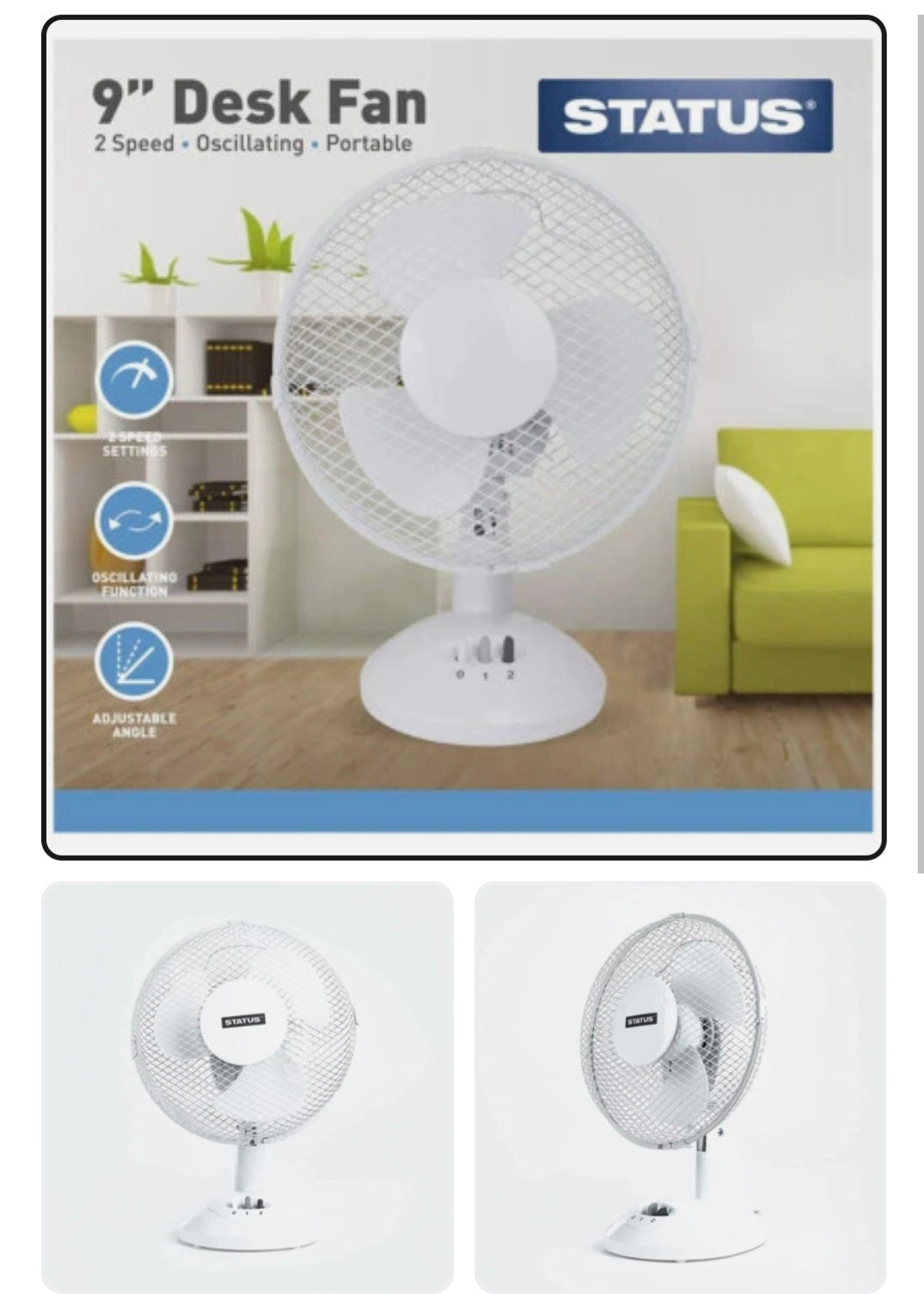 Status Portable 9-inch Oscillating Desk Fan White