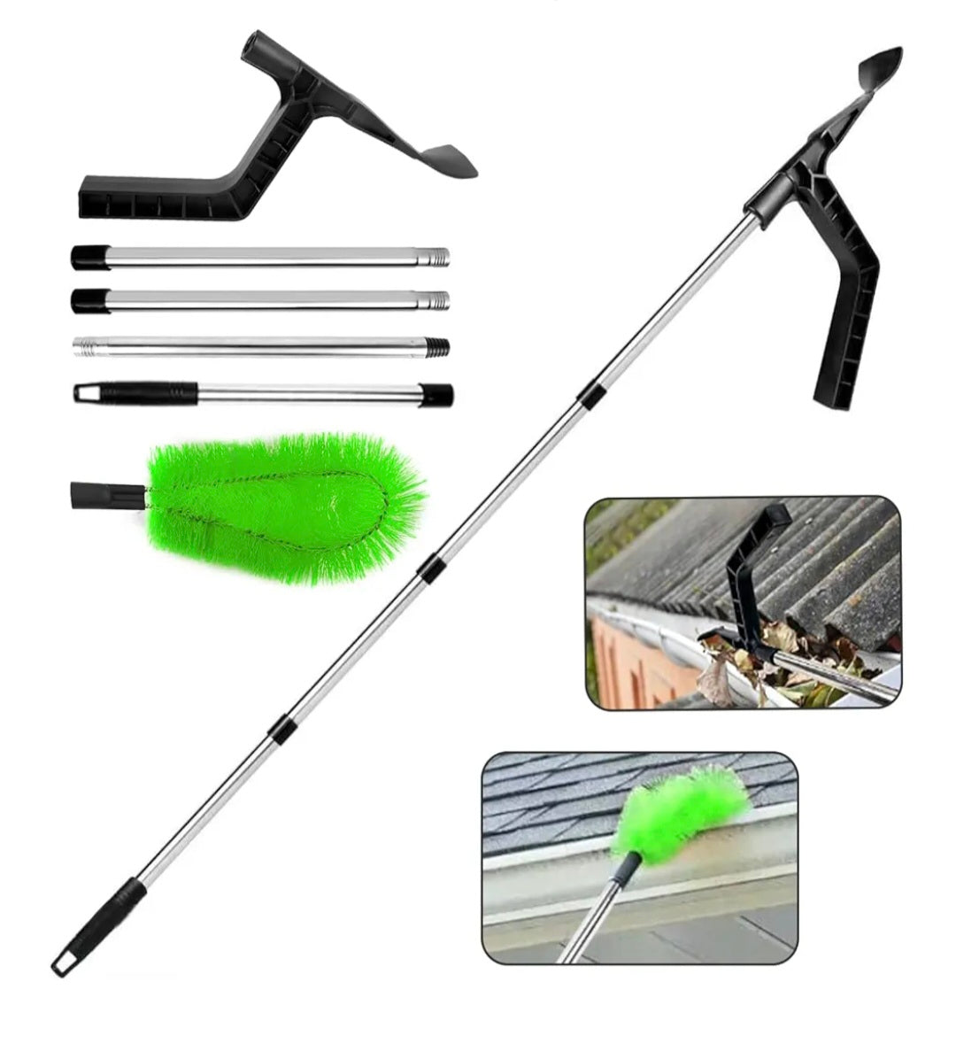 2-in-1 Telescopic Gutter Cleaning Tool Set - 3.2m Brush & Scraper with 8 Section Pole