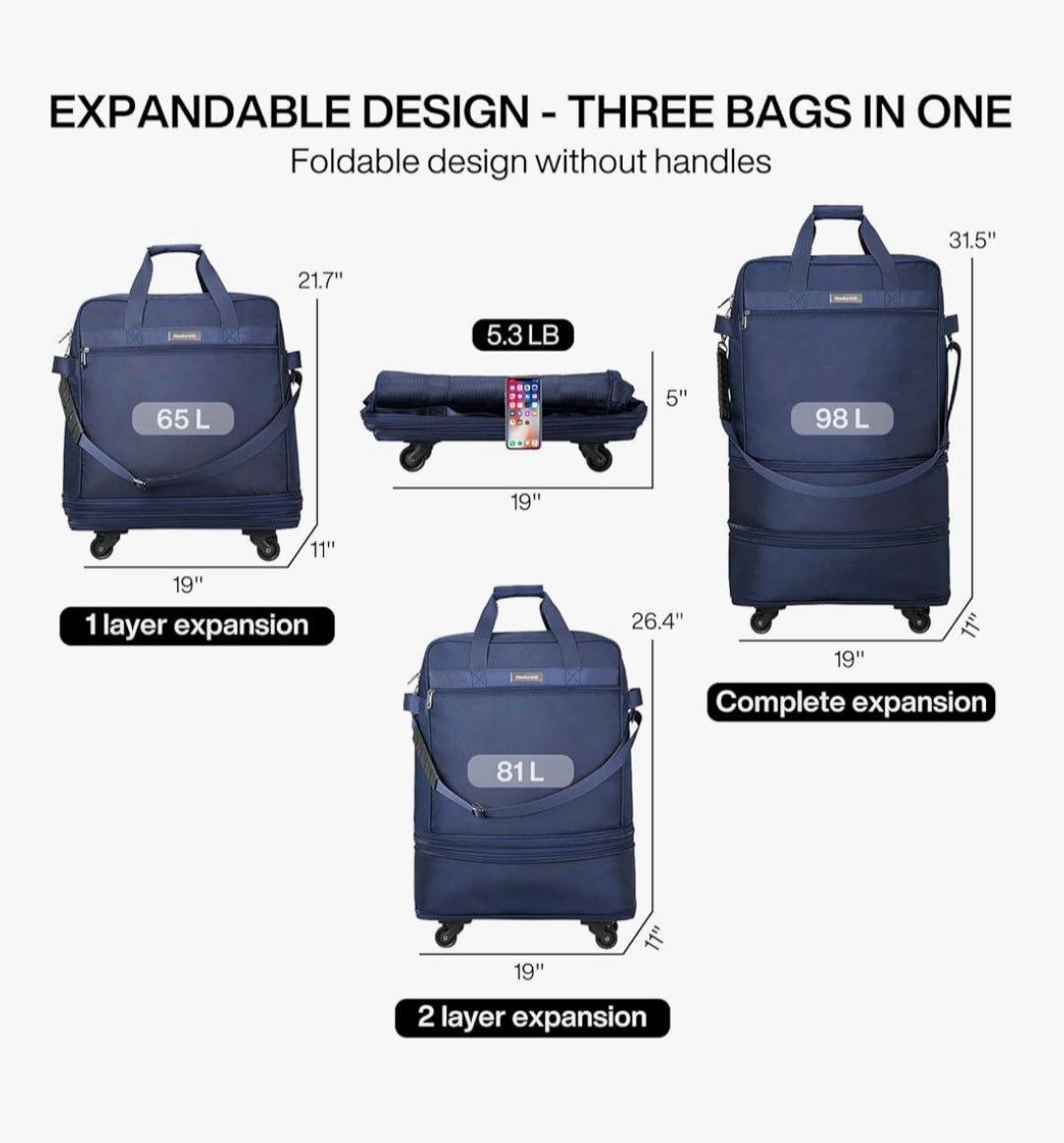 Hanke Expandable Large Suitcase 4 wheels lightweight Collapsible, Foldable suitcases & travel bags Hand Luggage Extend 20/24/28 inch Suitcases Duffel Bag Without Telescopic Handle for Men & Women,Blue
