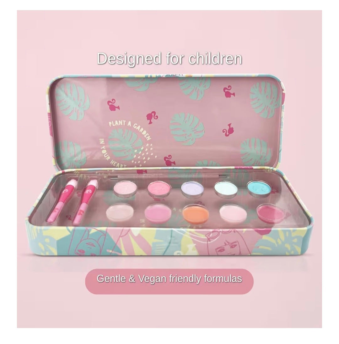 Barbie Kids Makeup Set Keepsake Tin – 10 Piece Children’s Makeup Kit (5 Eyeshadows, 5 Lip Balms) with Applicators – Reusable Metal Pencil Case Gift for Girls