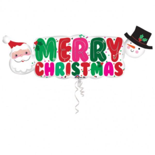 Christmas Balloon - Merry Christmas 104cm x 40cm SuperShape Santa&Snowman Banner Foil Balloon
