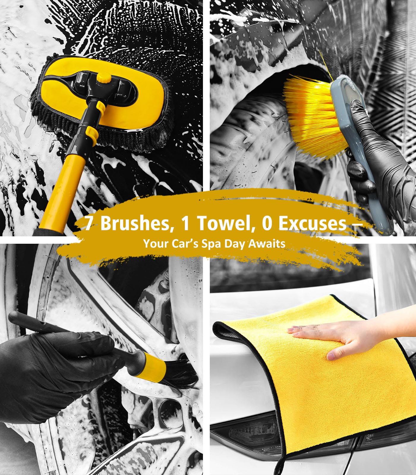 8PCS Car Wash Kit, Extendable Car Wash Brush Mop with Long Handle, 5pcs Detailing Brushrs, 1pc Wheel Tire Brush and Microfiber Towel Car Cleaning Kit, Yellow