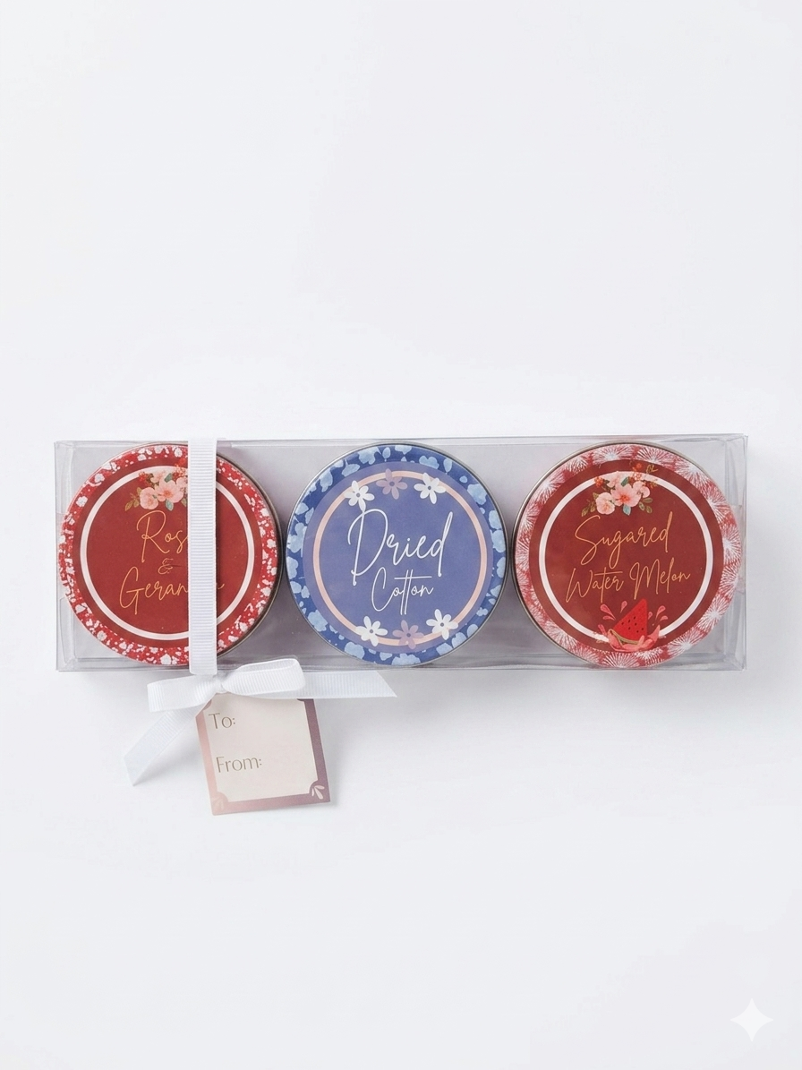 Candle Gift Set Of Three - Rose & Geranium, Dried Cotton and Sugared Watermelon Tinned Candles