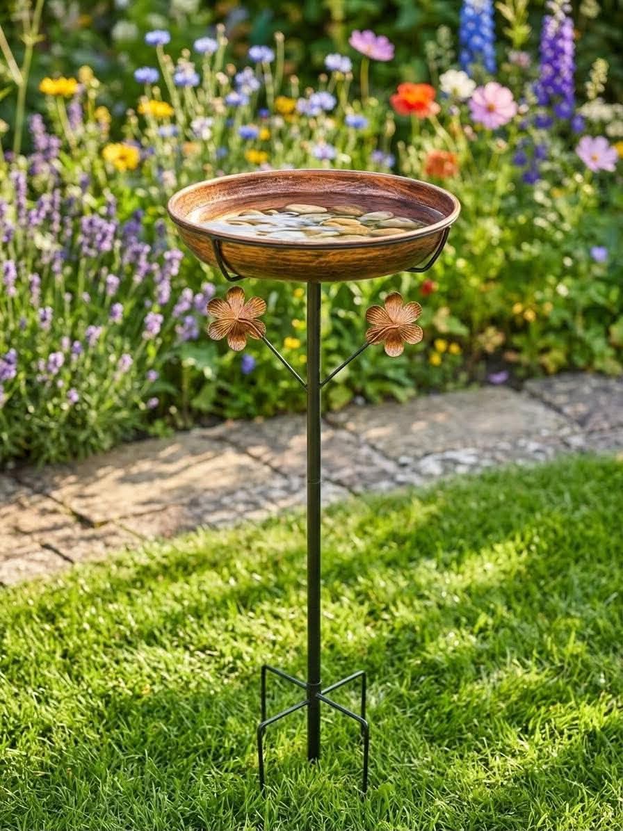 Vintage Brown Standing Bird Bath With Flowers Winterproof