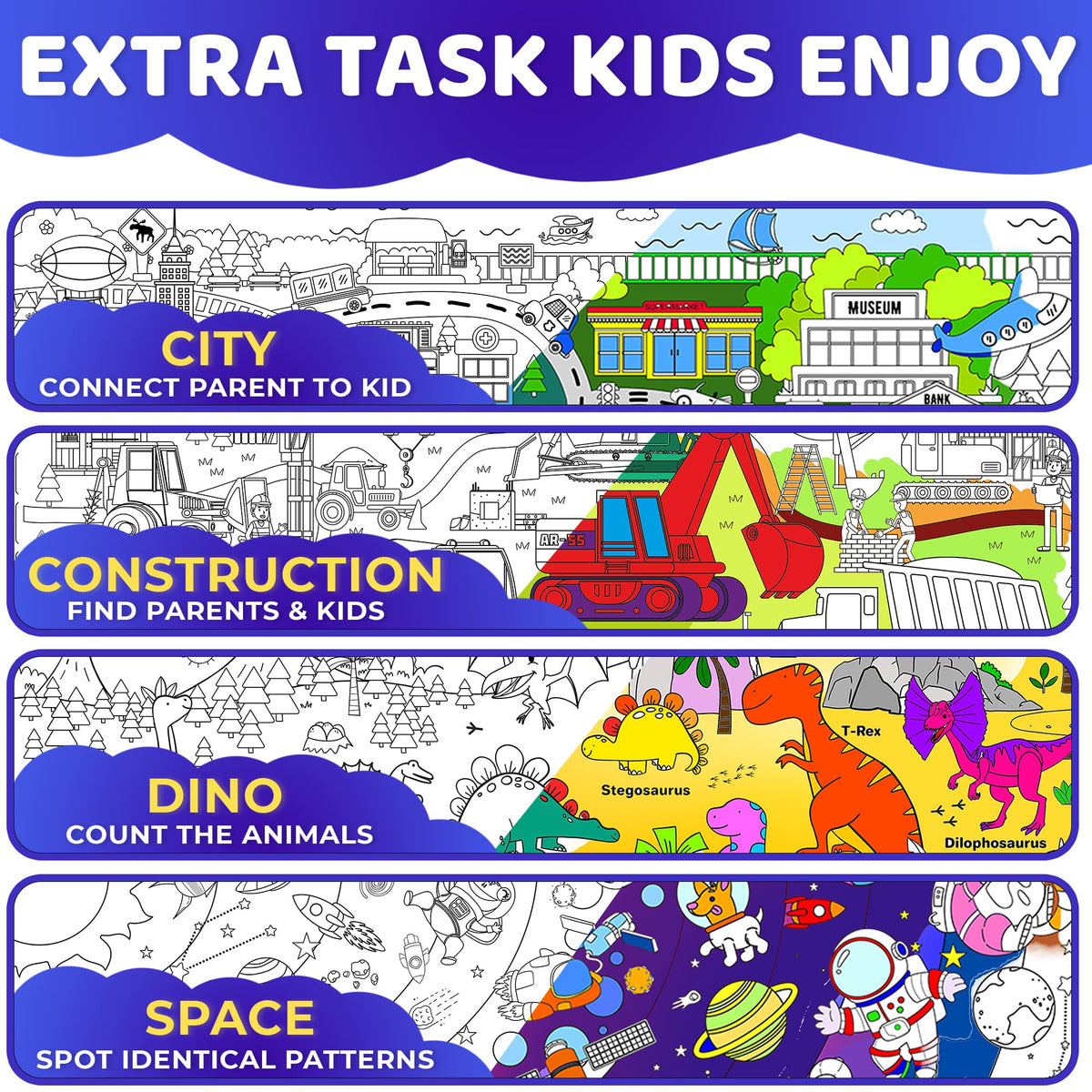 Giant Kids Colouring Posters 4-Pack – 2x3 Ft Sheets with Educational Tasks including