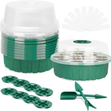 KAHEIGN 6Pcs Round Seed Starter Trays, 13 Cells Seed Propagator Tray Heavy Duty Plastic Plant Seed Growing Trays Kit with Adjustable Vents Dome and Base, 20Pcs Plant Labels, 2Pcs Seeding Tools, Clear