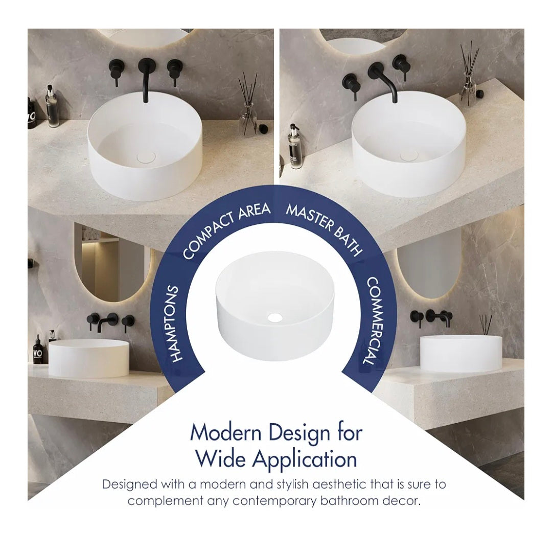 Eridanus Round Ceramic Basin, Vitreous China Vessel Sink in White Gloss for Countertop Use, Round Washbasin for Vanity Units, 415 x 415 x 150mm