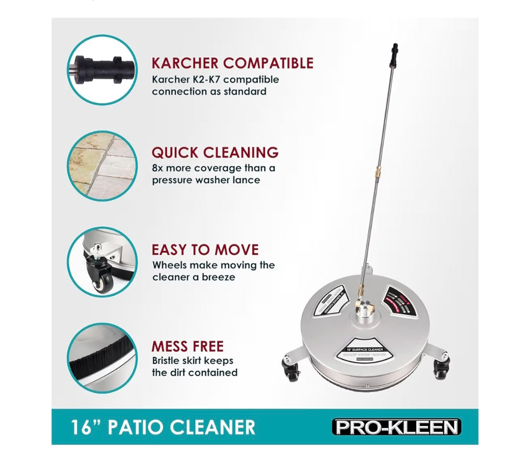 Pro-Kleen Pressure Washer Surface Patio Cleaner Karcher Compatible, Attachment Cleaning for Driveways, Patios, Extra 1/4" Quick Connect Nozzle, 2 Extension Wands (16" Stainless Steel Patio Cleaner)