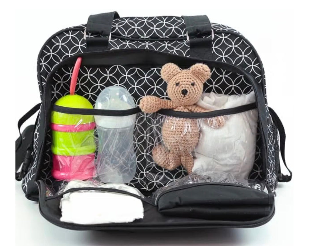 BABY ON BOARD Simply Star Changing Bag (Black/White) with Changing Mat & Bottle Holder