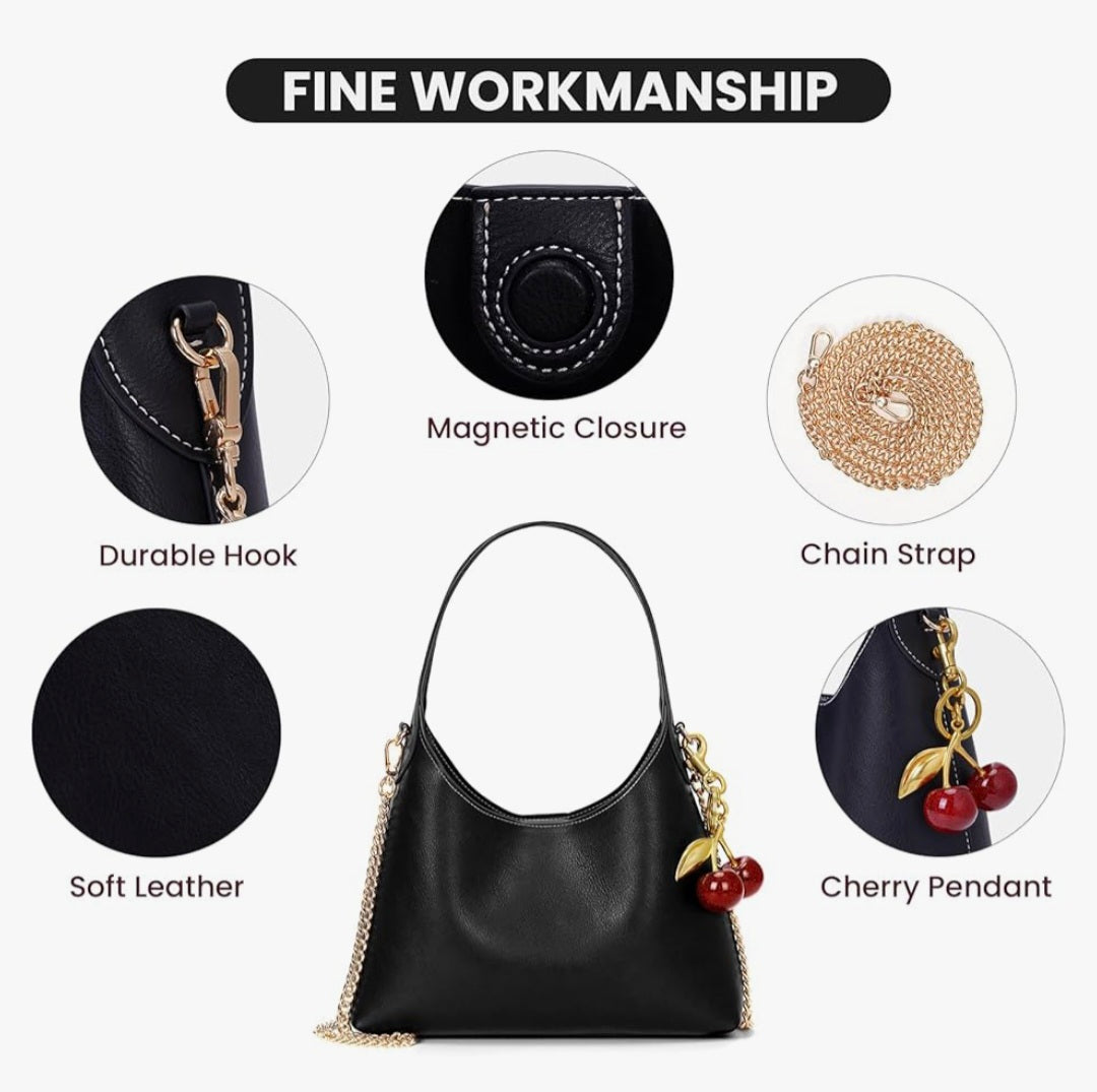 JQWSVE Hobo Purse for Women Trendy Bag Tote Handbag with Cherry & Gold chain
