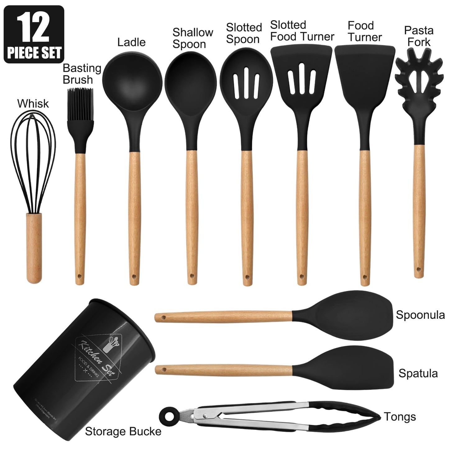 Silicone Kitchen Utensils Set with Wooden Handle, 12-Piece Silicone Cooking Utensils Non-Stick Heat Resistant Cookware, BPA-Free, Stirring Kitchen Tools Set, Spoon, Tongs, Whisk, Brush, Spatula-Black