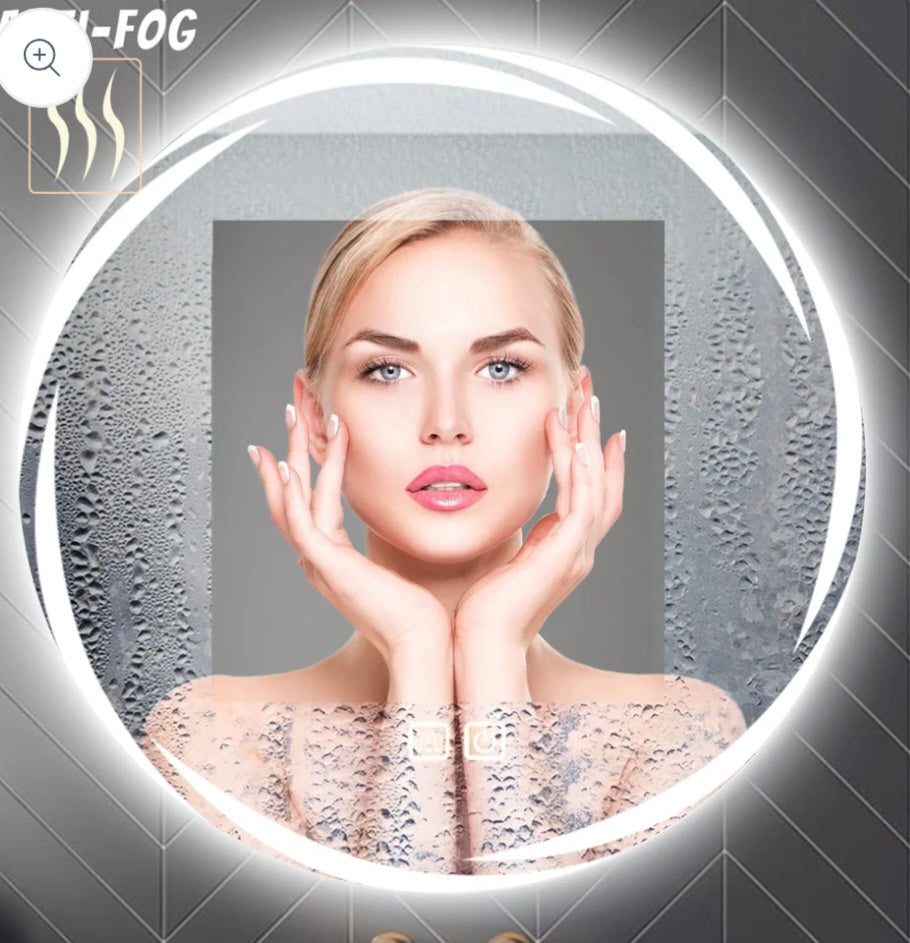 Anti-Fog Patterned Round Bathroom Mirror Wall Mounted Mirror with 3-Color Dimmable LED Light, IP44 80x80cm