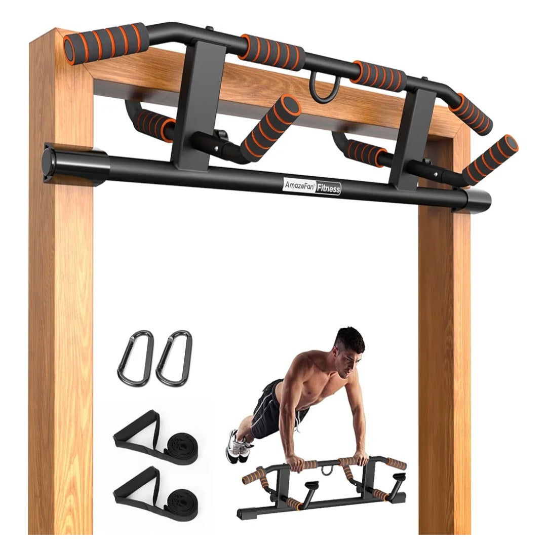 AmazeFan Pull Up Bar Doorway with Ergonomic Grip - Fitness Chin-Up Frame for Home Gym Exercise - Multi-Angle Grip - 2024 Upgrade Smart Hook (Fits Almost All Doors) (Black/Orange)