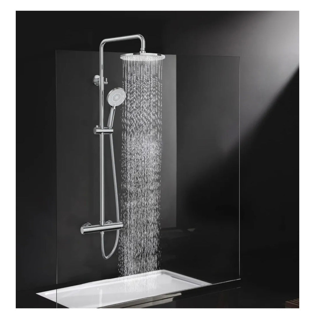 Rainsworth Thermostatic Shower Mixer Set Chrome, 25cm Round Overhead Rainfall Shower, 3 Jet Types Handheld Shower, Height Adjustable Shower System