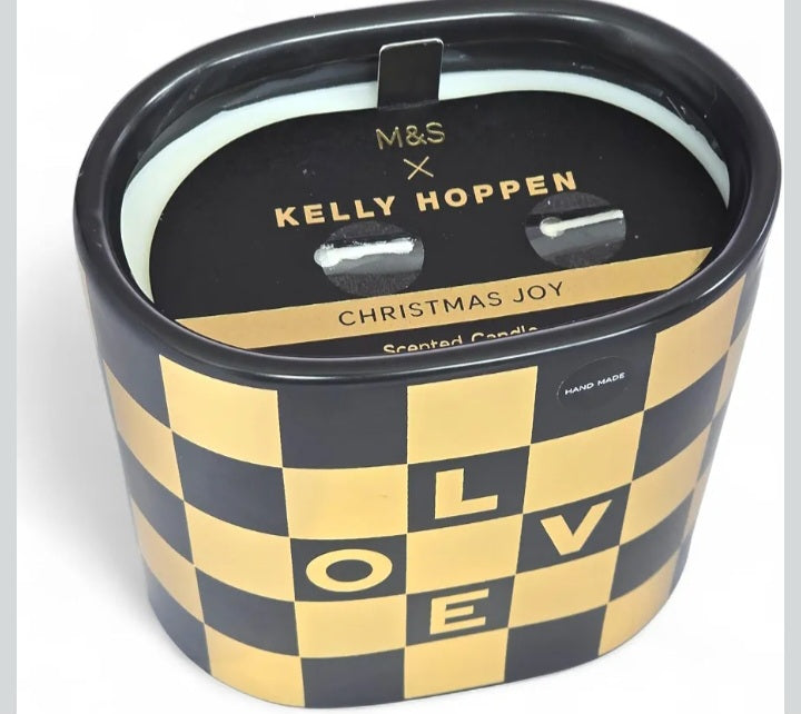 M&S 2 Wick Luxury Scented Candle Christmas Joy with Kelly Hoppen, Large, Black and Gold Checkered Design, Mulled Spices, Pine and Cedarwood Fragrance