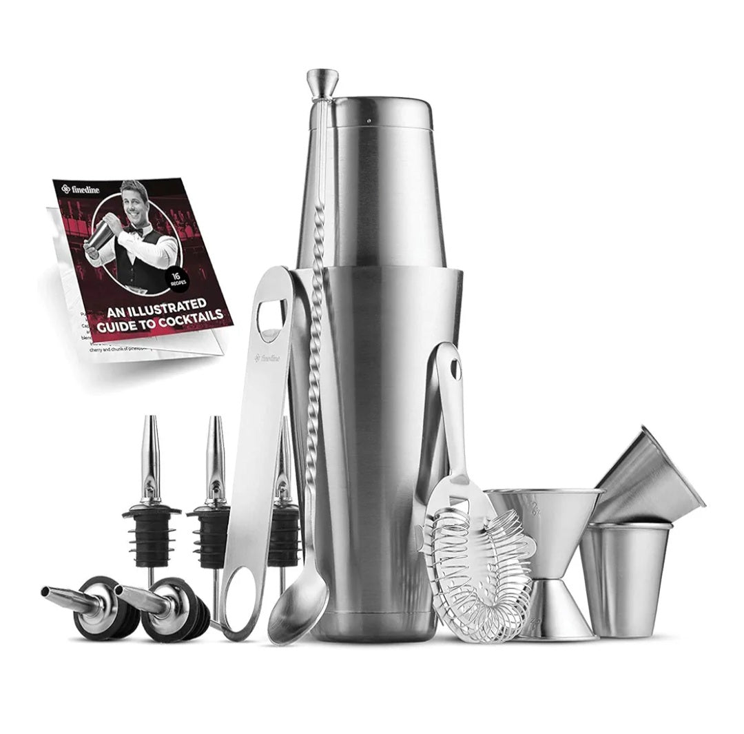 FineDine Cocktail Shaker Set - 14-Piece Cocktail Making Set w/ 26 oz Stainless Steel Shaker & Strainer - Bartender Kit - Cocktail Gift Set