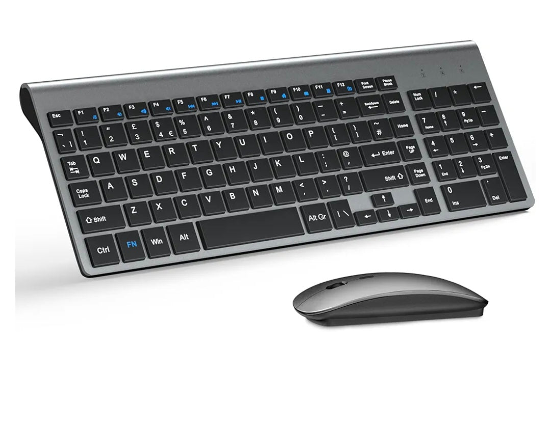 Ultra-Slim Wireless Keyboard and Mouse Combo with Mouse Pad, MOOJAY 2.4G USB Compact Silent Keyboard Mouse with Scissor Switch with Lid, AA&AAA Batteries, for PC/Laptop/Windows – Black Grey