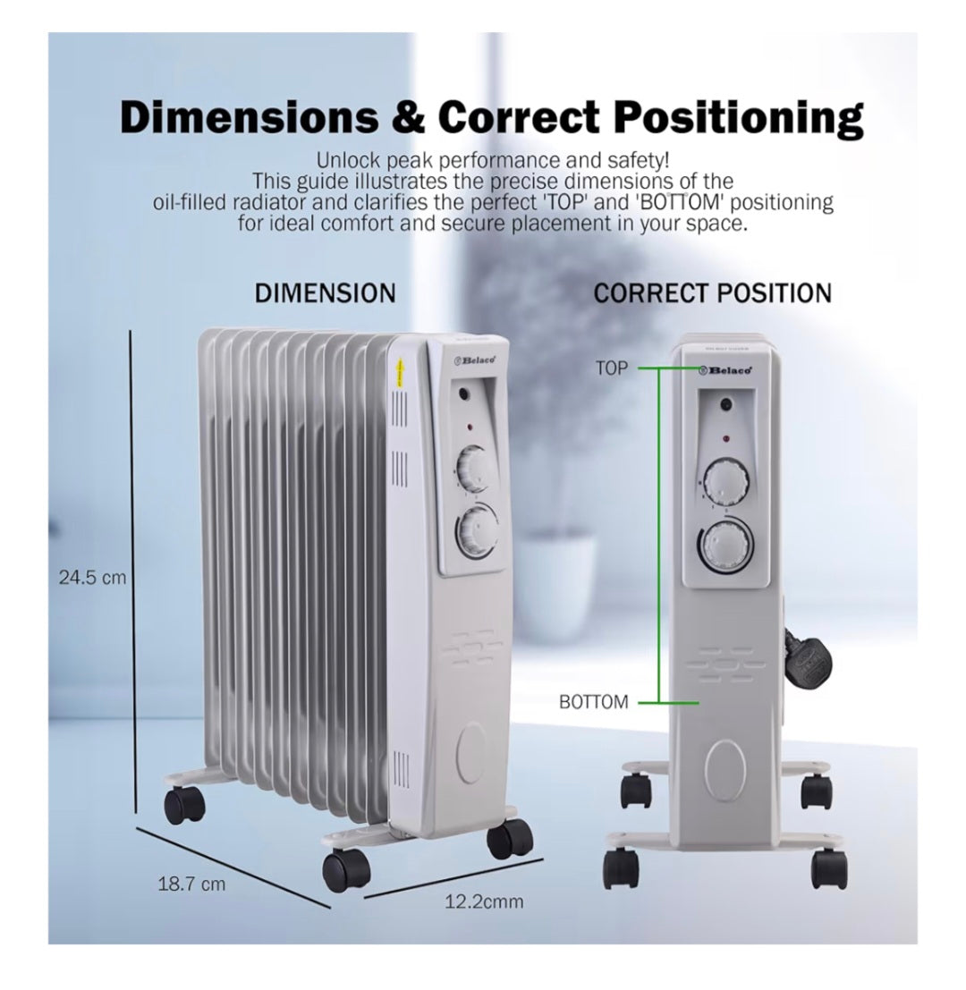 Belaco Oil Filled Radiator 11 Fins, Portable Electric Heater with Adjustable Thermostat, 3 Heat Settings, Overheat Protection, 2500W, Heavy-Duty Castors