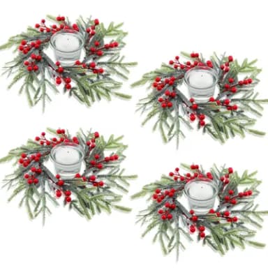 KAHEIGN 4Pcs Christmas Candle Rings, 21CM Artificial Red Berries Wreath Snowy Norfolk Pine Needles Candle Holder for Pillars Rustic Wedding Centerpiece Front Door Christmas Table Party Decoration