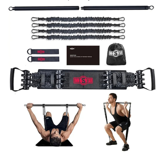 INNSTAR Portable Home Gym Set with Workout Bar, Bench Press Set, Squat Resistance Band, Door Anchor and More-Full Body Workout Equipment to Build Muscle and Shape Body