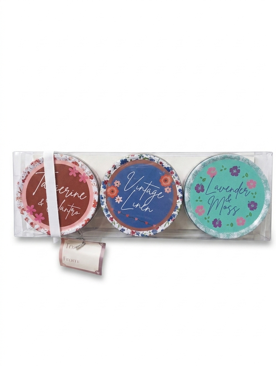 Candle Gift Set Of Three - Tangerine & Cilantro, Vintage Linen And Lavender & Moss Tinned Candles
