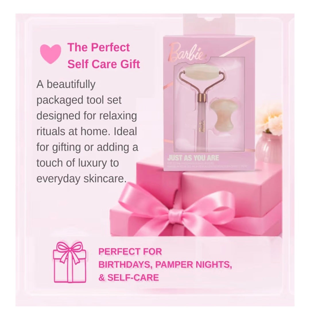 Rose Quartz Face Roller & Eye Massager Set – Facial Roller for Face & Neck – Cooling Under Eye Stone for Depuffing & Skincare – Self Care Beauty Gift for Women – Official Barbie Collection