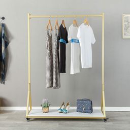 Modern Simple Heavy Duty Metal Rolling Garment Rack with Wheel,Retail Display Clothing Rack with Wood,Iron Single Rod Floor-Standing Hangers Clothes Shelves (Gold Square Tube B, 47.2 L)