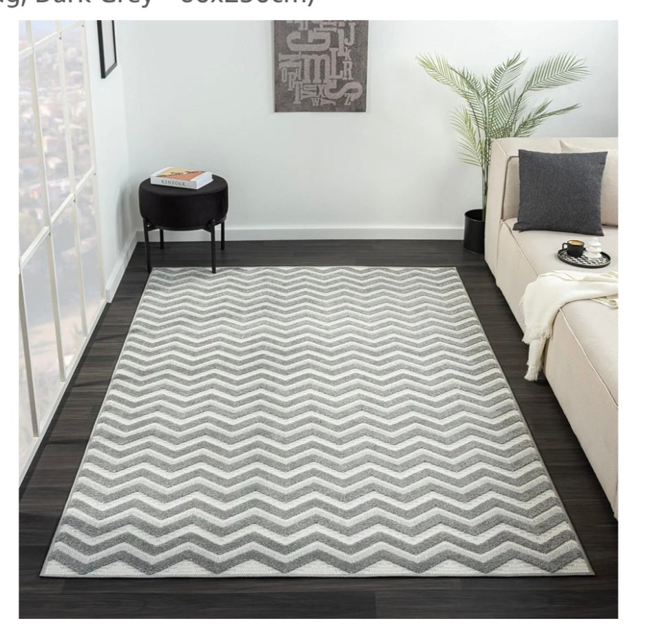 Indoor Outdoor Low-Pile Runner for Hallway, Kitchen, Dinning, Conservatory, Garden - Water Resistant, Anti-Slip, Durable Mat (Zig Zag, Dark Grey - 120x170cm