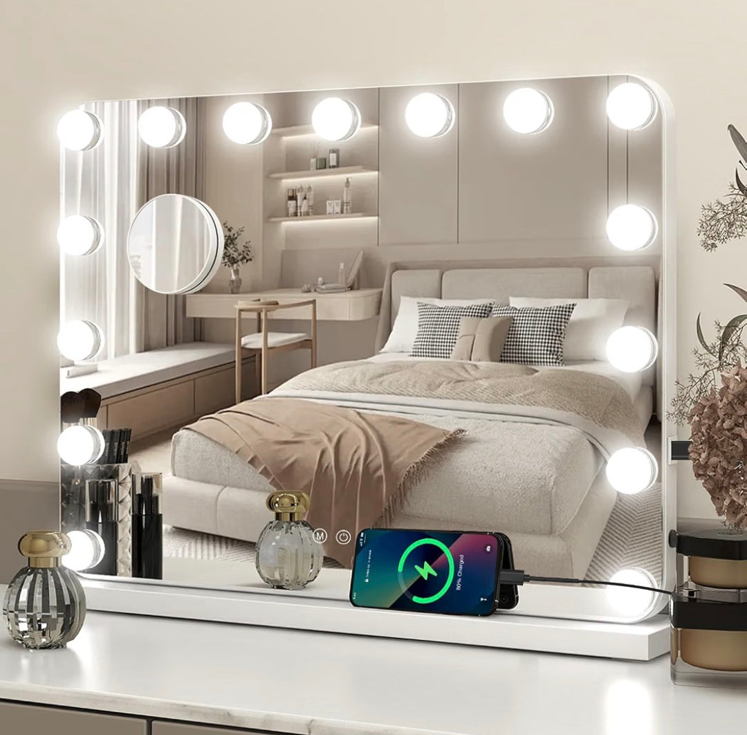 YOURLITE Hollywood Vanity Mirror with Lights, 58×45cm Lighted Makeup Mirror with 15 Dimmable Led Bulbs, 3 Lighting Modes, Touch Screen Control, Tabletop and Wall Mounted for Bedroom
