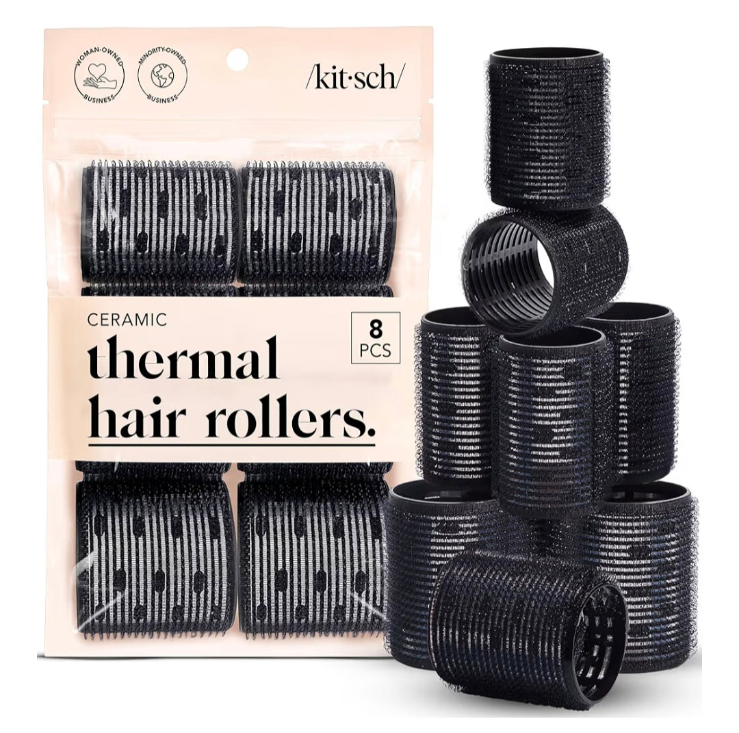 Ceramic Thermal Hair Rollers Set 8pcs - Black Hair Curlers Rollers for Perfect Curls, Hot Rollers Kit for Long Hair, Ceramic Coated