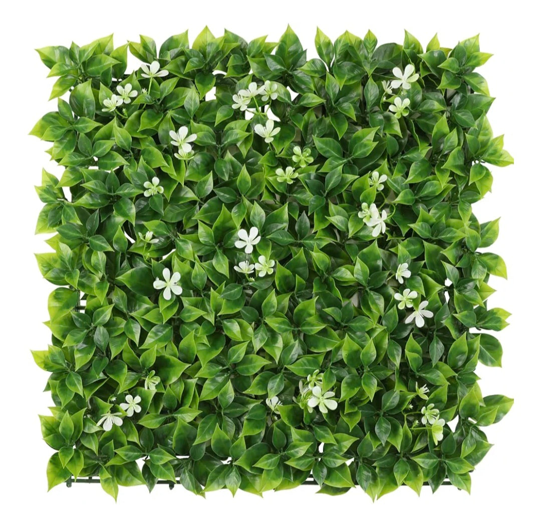LUWENER Artificial Plant Living Wall Panels,1m x 1m Grass Plant Wall Panel Greenery Privacy Living Wall Fence Screening Home Garden Backdrop for Indoor Outdoor Home(4pcs,50 * 50cm with flower)