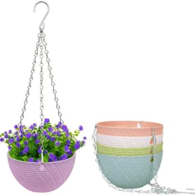 KAHEIGN 5Pcs Plastic Hanging Basket, Hanging Plant Basket Flower Pots Plant Holder Container with Chain Hooks for Plants Flowers Herbs Violets (5 Colors, Weave Pattern)