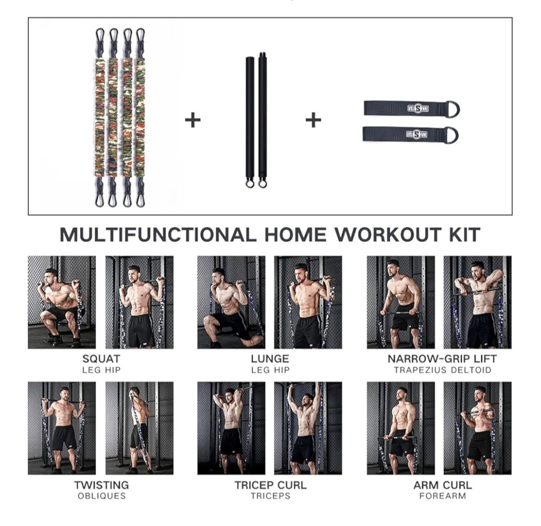 INNSTAR Portable Home Gym Set with Workout Bar, Bench Press Set, Squat Resistance Band, Door Anchor and More-Full Body Workout Equipment to Build Muscle and Shape Body