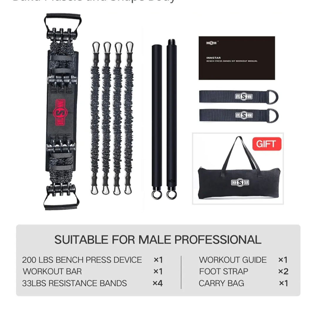 INNSTAR Portable Home Gym Set with Workout Bar, Bench Press Set, Squat Resistance Band, Door Anchor and More-Full Body Workout Equipment to Build Muscle and Shape Body