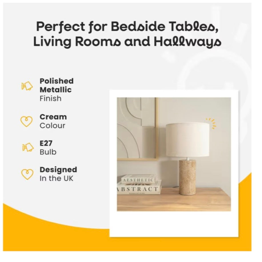 Natural Marble Effect Bedside Table Lamp with Neutral Linen Lampshade Living Room Light | Table Lamps