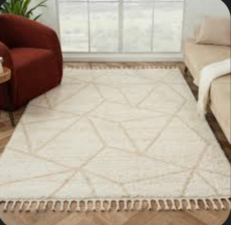 Rugs and More Pulppy Shaggy Warm Fluffy Rug with Tassel Edging & Geometric Pattern - Premium Quality Area Rug for Living Room, Bedroom (Revive Cream, 120x170cm)