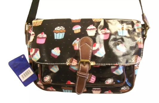 Messenger bag Black long shoulder or across body strap, cupcake design