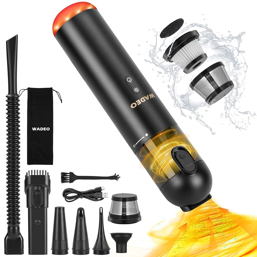 WADEO 14000Pa Handheld Vacuum Cleaner Battery Strong Cordless Car Vacuum Cleaner with LED and SOS Light, 6 in 1 Mini Vacuum Cleaner with Slim Body for Car, Pet, Home