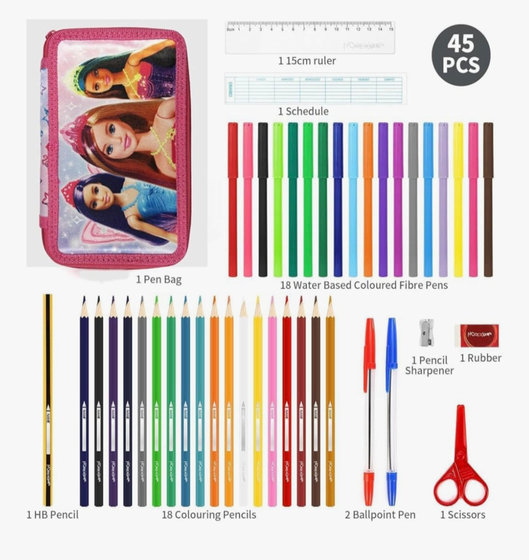 Barbie 3 Tier Filled Pencil Case 45 Piece Stationery School Supplies Kids