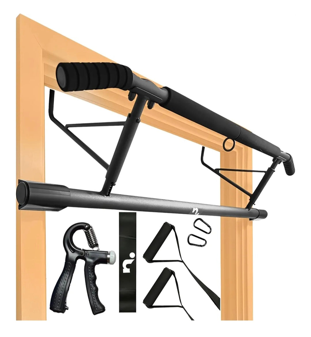 NIKHEDONIA Doorway Pull Up Bar with Foldable Design | No Drilling Needed | Comes With Suspension Bands, Resistance Bands and Hand Grip Strengthener/Forearm Strengthener | Perfect for Doorframes