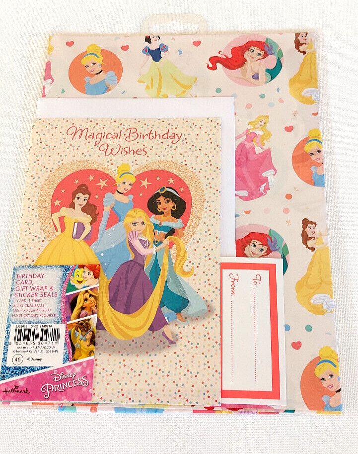 Disney PRINCESS 1 BIRTHDAY CARD & ENVELOPE 1 SHEET GIFT WRAP & STICKER SEALS
