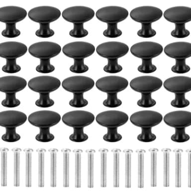 24Pcs Round Cabinet Knobs, 30mm Matted Black Mushroom Drawer Knobs Door Pull Handle for Single Hole Cupboard Wardrobe Furniture - with 24Pcs Screws