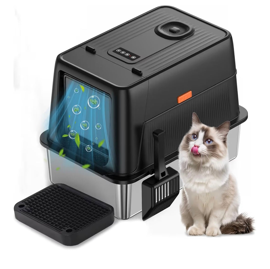 Ventilation Stainless Steel Cat Litter Tray with Lid, Detachable Enclosure Litter Tray with Odour Control,Including Scoop&Peda, XXL High Sided Litter Box for Large Cats (62x41x44 cm)