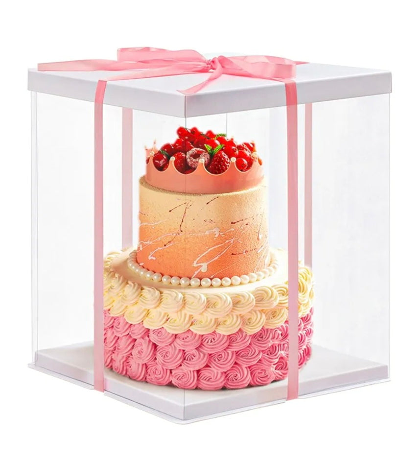 Warmiehomy Clear Cake Box, 34x34x37CM for 12 Inch Tall Cake Box, Transparent Cake gift Boxes with Lid & Ribbon, Plastic Cube Cake Gift Packaging