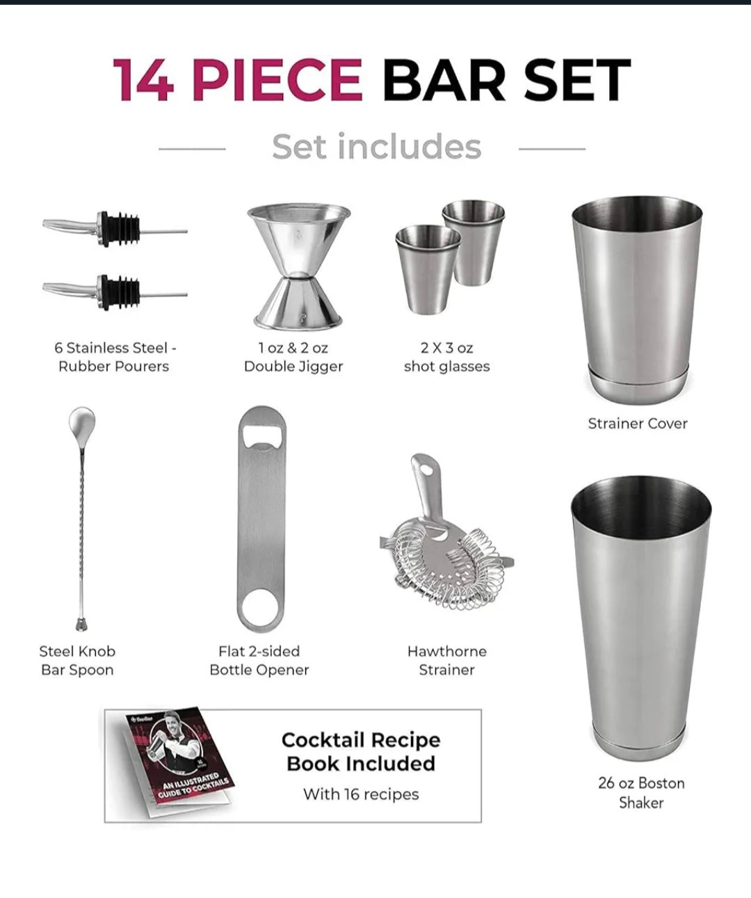 FineDine Cocktail Shaker Set - 14-Piece Cocktail Making Set w/ 26 oz Stainless Steel Shaker & Strainer - Bartender Kit - Cocktail Gift Set