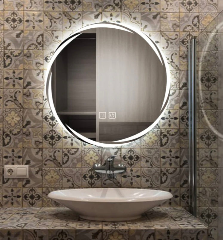 Anti-Fog Patterned Round Bathroom Mirror Wall Mounted Mirror with 3-Color Dimmable LED Light, IP44 80x80cm