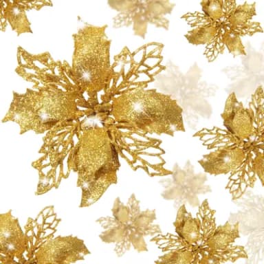 36Pcs Christmas Poinsettia Flowers, Gold Glitter Artificial Poinsettia Flowers Christmas Tree Ornaments for Wedding Christmas Wreath Home Party Decor (3 Size)