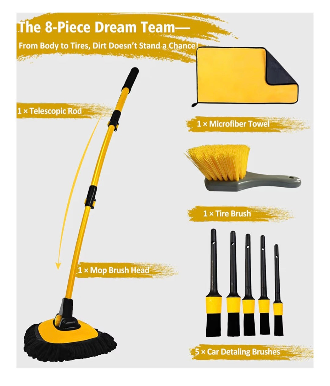 8PCS Car Wash Kit, Extendable Car Wash Brush Mop with Long Handle, 5pcs Detailing Brushrs, 1pc Wheel Tire Brush and Microfiber Towel Car Cleaning Kit, Yellow