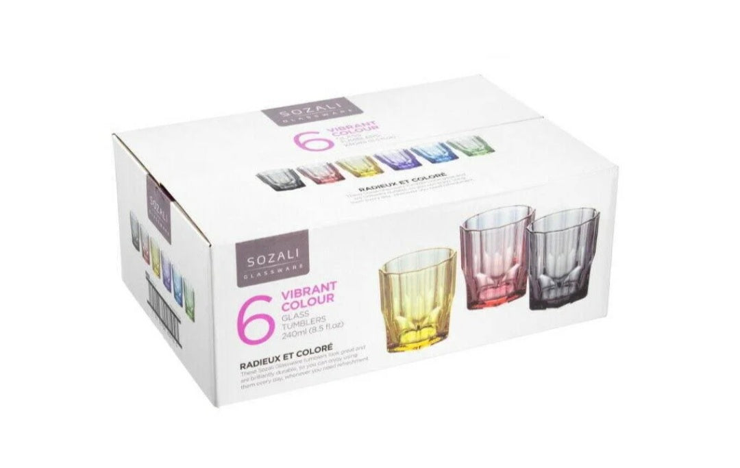 6 x Multicoloured 240ml Glass Tumblers