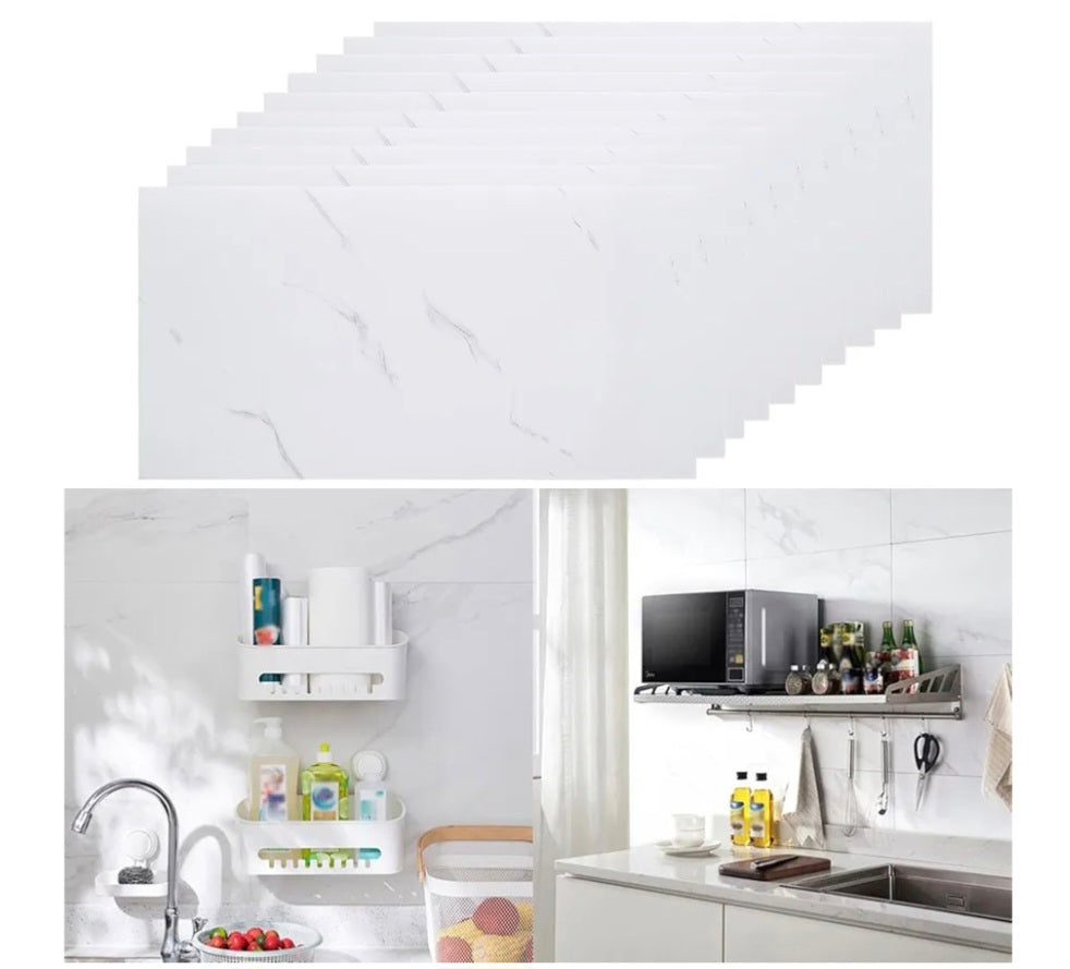 Warmiehomy Marble Tile Stickers 60x30cm 10Pcs Thicken Self Adhesive Wall Tiles Waterproof,Peel and Stick on Vinyl Floor Wall Tiles for Bedroom Bathroom Living Room Kitchen Splashback,Elegant White